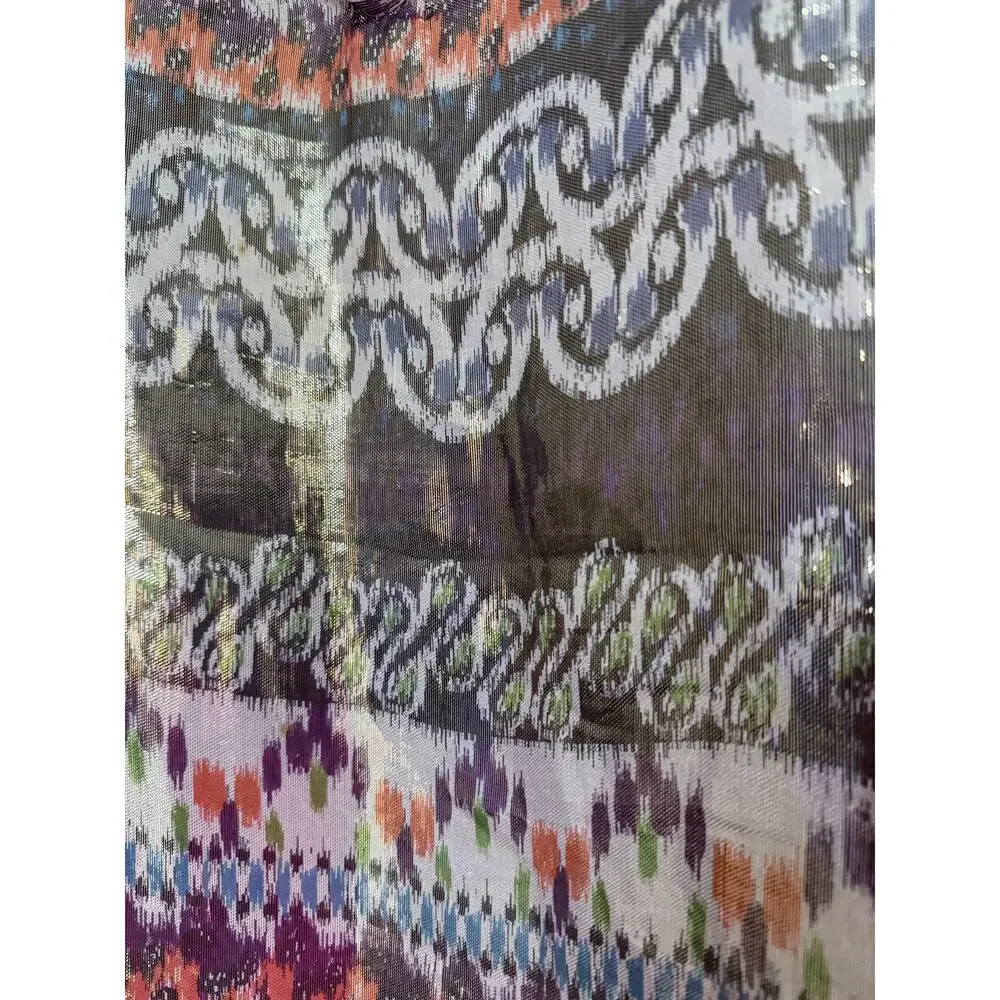 TORY BURCH purple orange green aztec print metallic silk long sleeve top blouse
